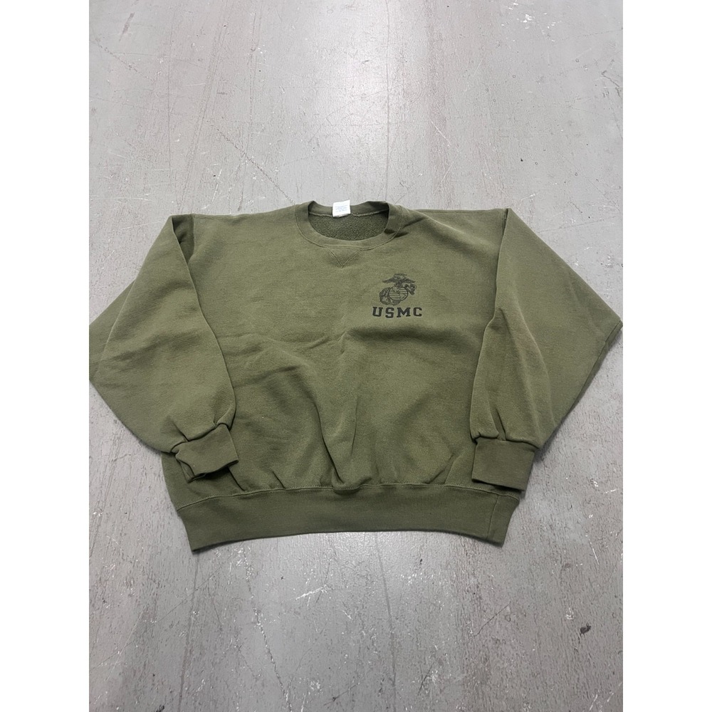 USMC Vintage Soffe Mens Large Green Cotton Spellout Logo Fleece Lined Sweater
